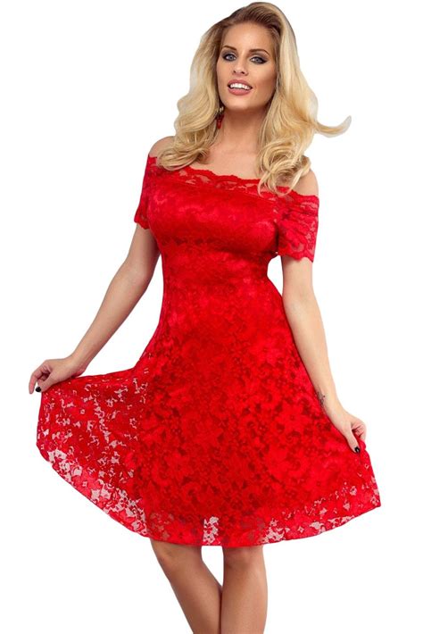 Women Off The Shoulder Lace Red Strapless Skater Dress Online Store