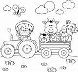 Coloring Illustrations Farmer Tractor Book Boy Carrying Driving Farm Animals Stock sketch template