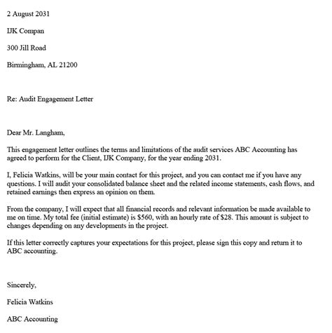 accountant bookkeeping engagement letter template  examples