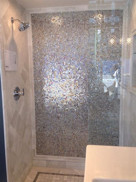 shower with iridescent glass tiles and marble yelp