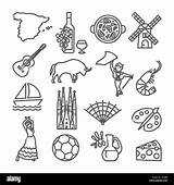 Spain Spanish Symbols Icons Traditional Line Objects Alamy Set Illustration sketch template