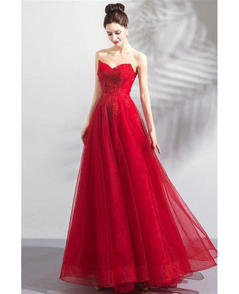 Classy Formal Long Red Strapless Tulle Affordable Prom Dress Wholesale