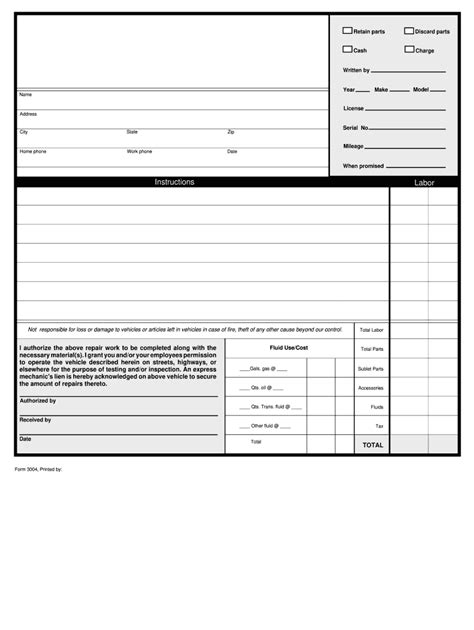 printable auto repair forms fill  printable fillable blank