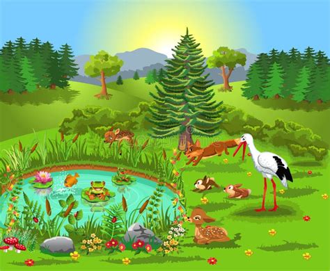 cartoon illustration  wild animals living   forest  coming