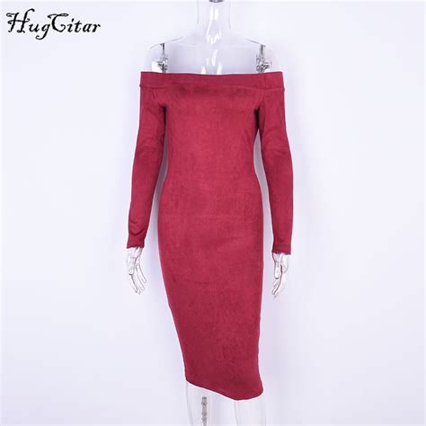 Suede Long Sleeve Off Shoulder Mid Calf Dress Female Sexy Bodycon