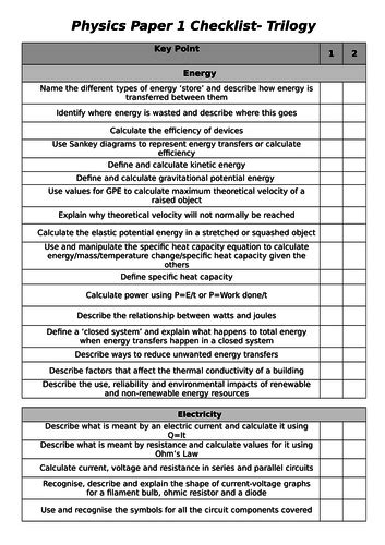 aqa trilogy physics paper  checklist teaching resources