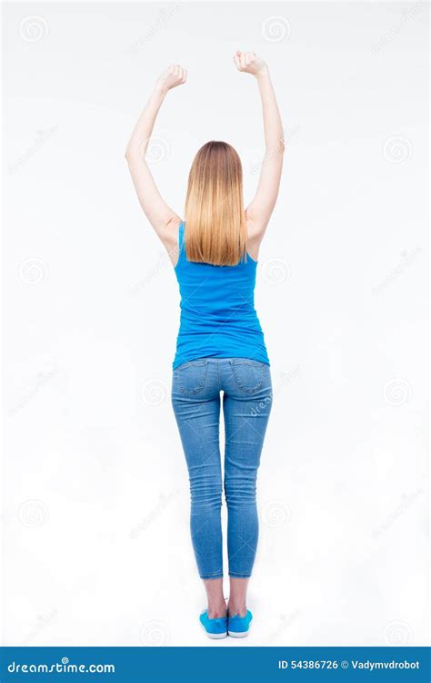 view portrait   young casual woman stock photo image  lady rear