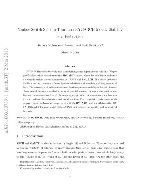 markov switch smooth transition hygarch model stability  estimation deepai