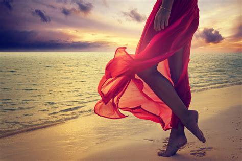 Nature Summer Sea Sunset Red Dress Beach Legs Women