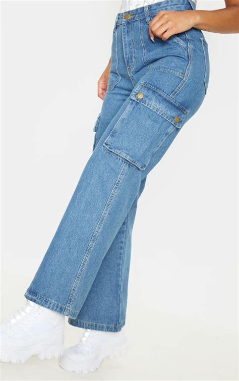 mid wash cargo baggy wide leg jeans denim prettylittlething