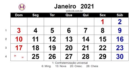 Calendário De Janeiro De 2021 Com Feriados Nacionais Fases