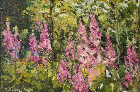 Картина с цветами Иван чая Летний пейзаж лес поляна розовые цветы в