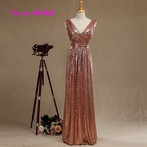 v neck sequin bridesmaid dresses rose gold floor length sleeveless a