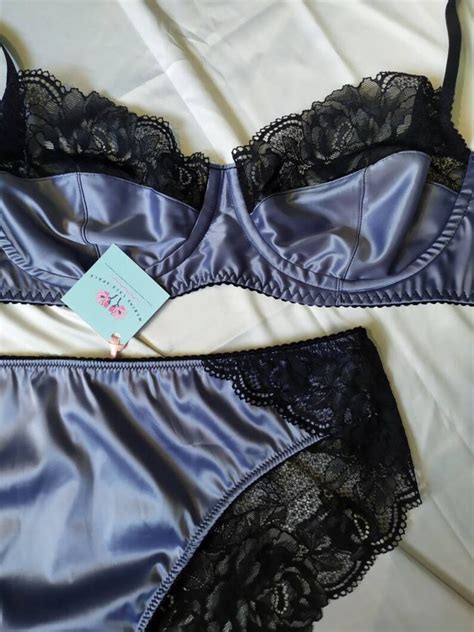 Teal Black Satin Lingerie Set Sexy Lace Bra Erotic Silky Etsy