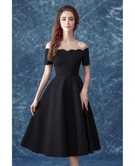 Midi Simple Black Formal Dress With Off The Shoulder