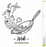 Wok Vector Pan Hand Illustration Noodles Drawn Chinese Food Asian sketch template