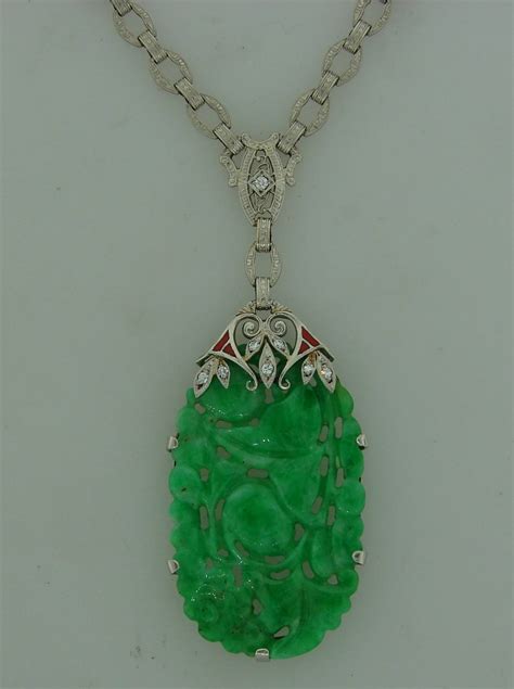 art deco carved jade enamel diamond platinum necklace pendant