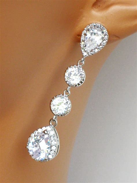 crystal drop wedding earrings cubic zirconia bridal earrings etsy