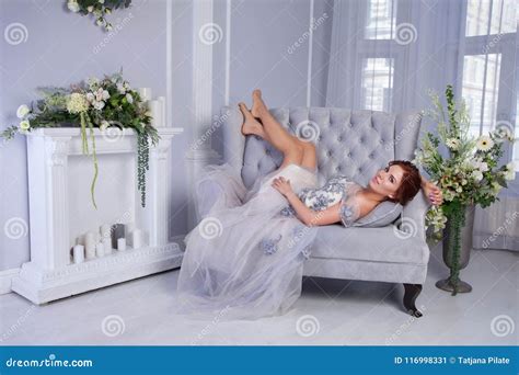 Yound Woman Wearing Blue Dress Stock Image Image Of Indoors Fashion
