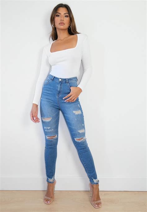 blue sculpted ripped sinner skinny jeans missguided ireland