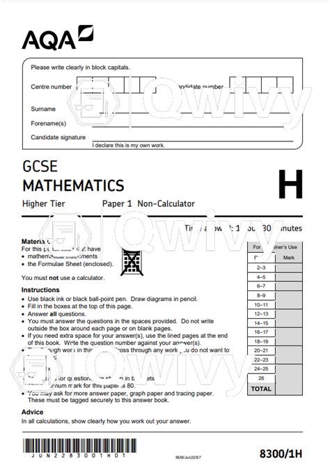 aqa gcse mathematics  higher tier paper   calculator