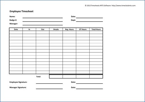 printable employee timesheet template
