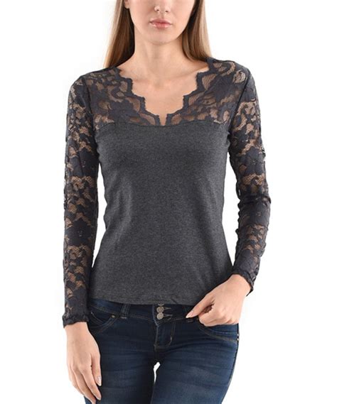 Take A Look At This Charcoal Lace Accent Fitted V Neck Top Plus Today