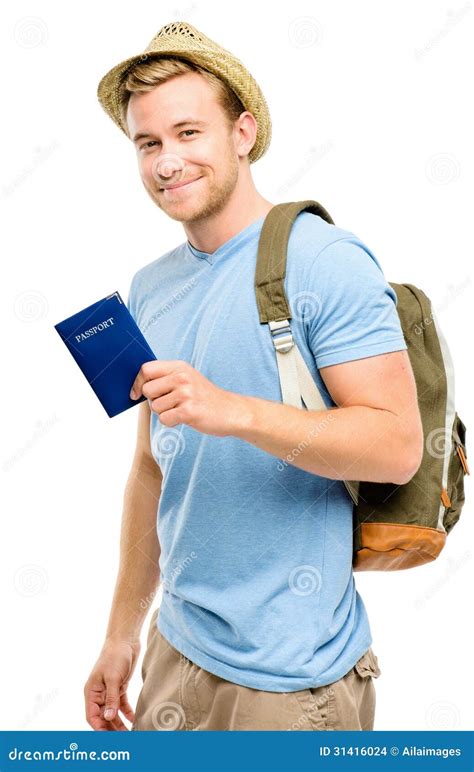 happy young tourist man holding passport white background stock images