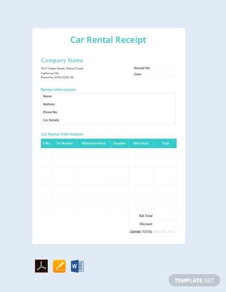 car rental receipt  docs sheets excel word numbers