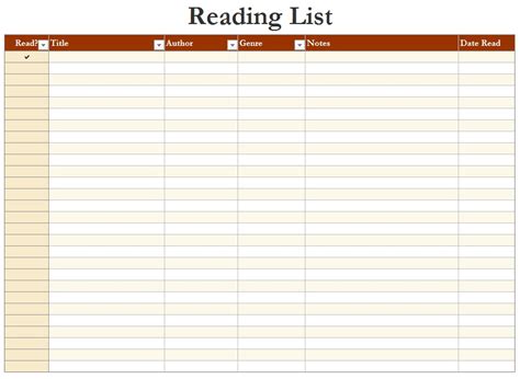 books reading list template sample