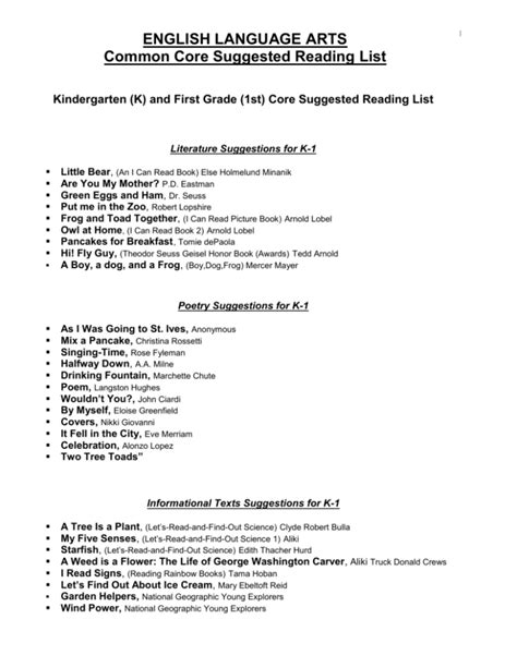 common core suggested reading list