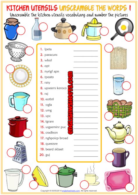 kitchen utensils esl unscramble  words worksheets kitchen utensils