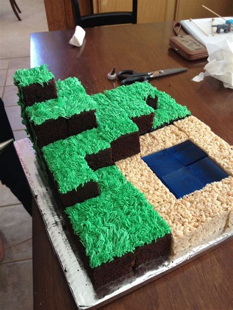 minecraft cake 2 boxes chocolate cake mix green frosting with grass tip 1 box blue jello