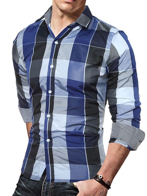 fashion men slim fit long sleeve cotton  shirt plaid casual button  dress shirt top blue