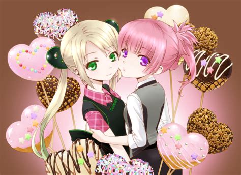 2girls Akutagawa Manbou Blonde Hair Candy Green Eyes Pink