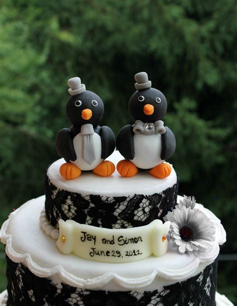 same sex penguin wedding cake topper groom and groom
