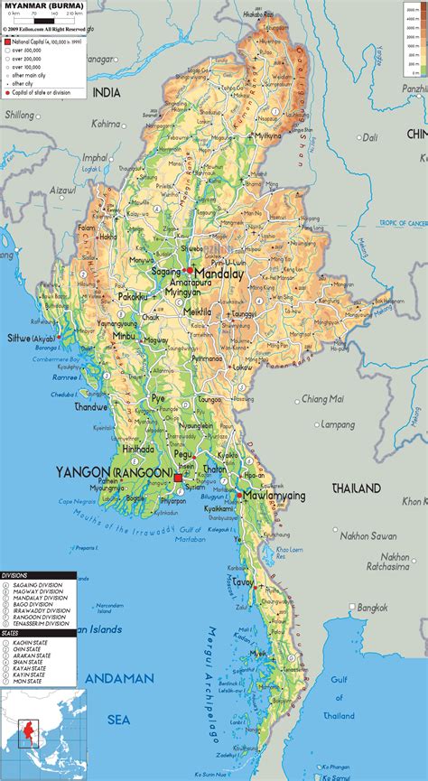 physical map  myanmar ezilon maps