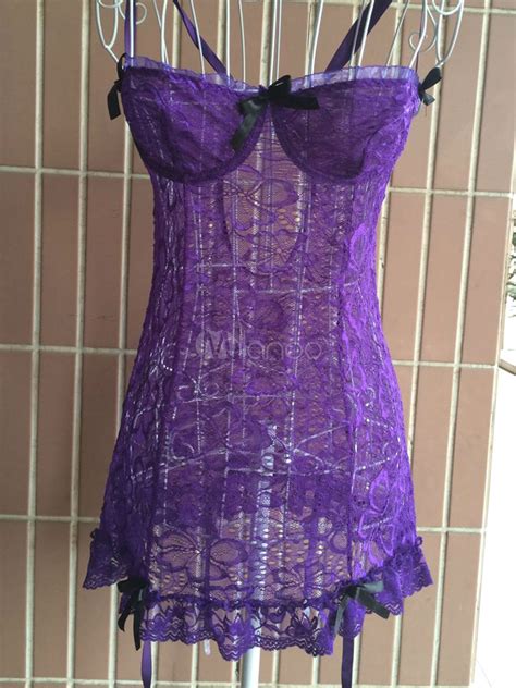 women s purple chemise lace sheer sexy lingerie 3 piece set