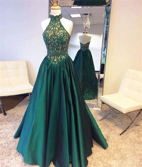 Halter Dark Green Beading Charming Prom Dress Sexy Prom