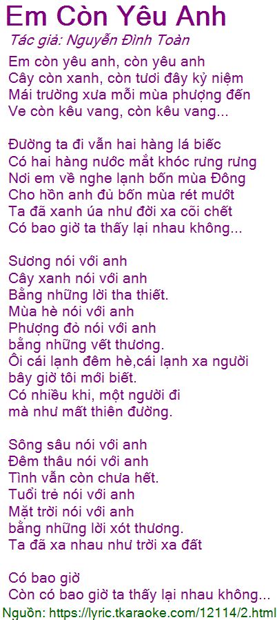 Loi Bai Hat Em Con Yeu Anh Nguyen Dinh Toan [co Nhac Nghe]