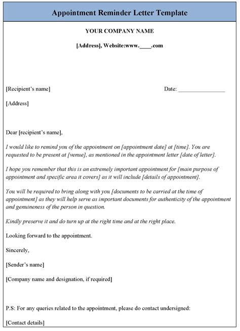 appointment reminder letter template sample templates
