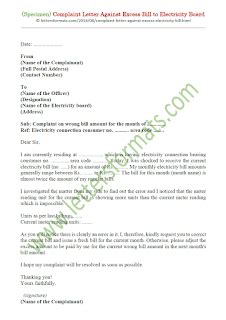 sample complaint letter  excess bill  electricity board