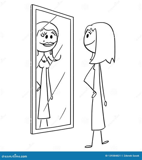 cartoon of ordinary woman or girl looking at herself at mirror and