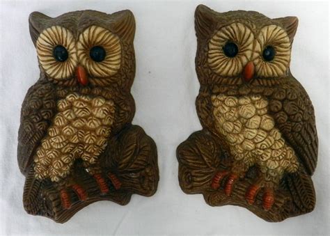 1970 S Set Of 2 Brown Foam Plastic Resin Owl Wall Art Hanging Figurines