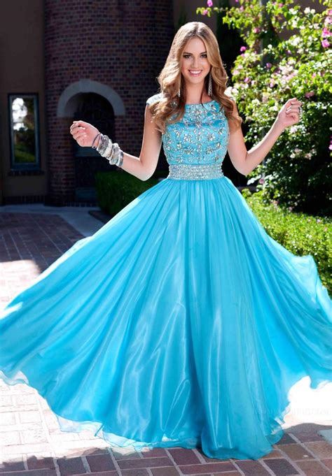 popular blue modest prom dresses  scoop neck crystal beads