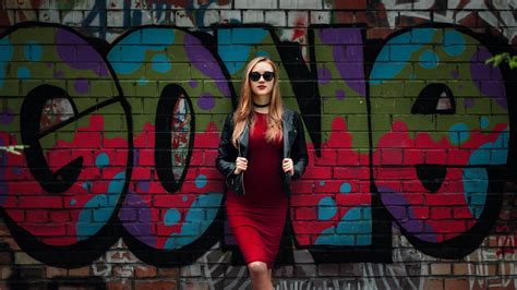 Wallpaper Women Red Dress Blonde Wall Graffiti Leather Jackets