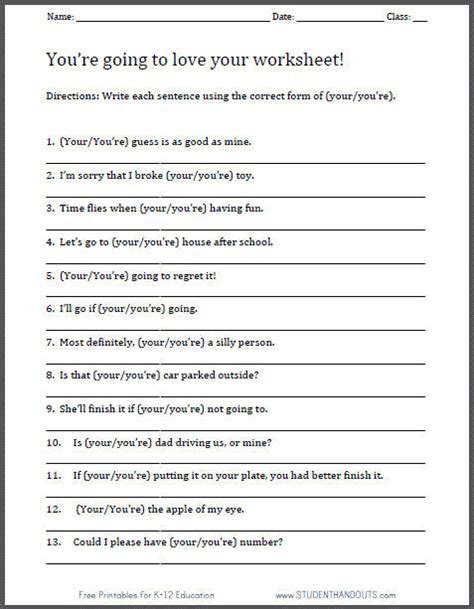 youryoure worksheet  printable  ela student handouts