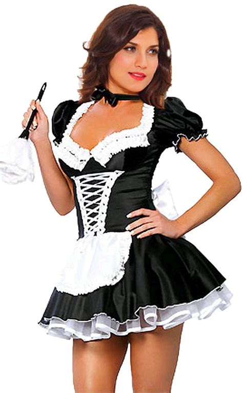 geek lighting women french maid costume sexy black satin e black size