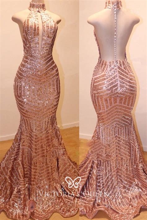Sexy Rose Gold Sequin Illusion Open Back Prom Dress Vq