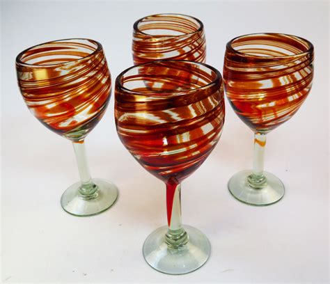 Wine Glasses Hand Blown 12oz Red Swirl Four Made In Mexico